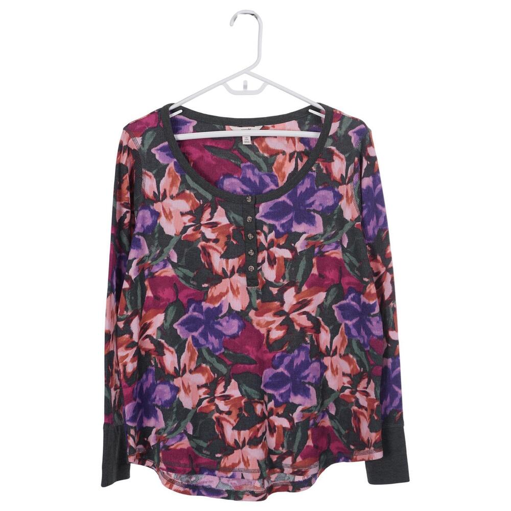 Terra & Sky Top 0X 14W Floral Print Waffle Knit Cotton Blend Long Sleeve Casual